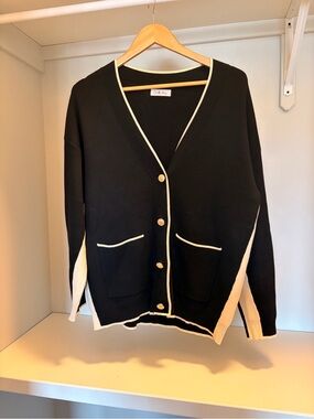 Black Cardigan with Cream Trim and Gold Buttons